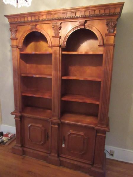 Tall Wooden Shelving w/ 2 Lower Doors, Grooved Columns, Panel Motif, 4-Tier w/ Wave Trim