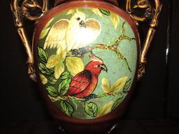 Ceramic Grecian Urn Design Lamp 2 Scroll Handles, Red Body w/ Birds of Paradise Oval Front