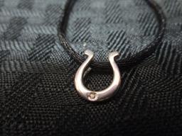 925 RJ Stamped Horseshoe Pendant w/ Diamond on Cord Necklace