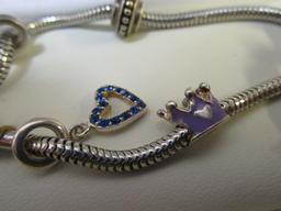 Silver Pandora Style 25gm Bracelet w/ Snoopy, Bead, Crown, Ring, Heart Pendants