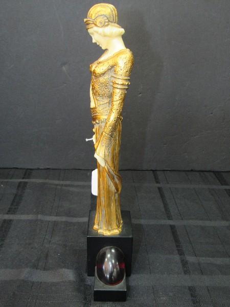 Tall Art Noveau 20's Era Woman Statuette on Stand w/ Gilted Motif