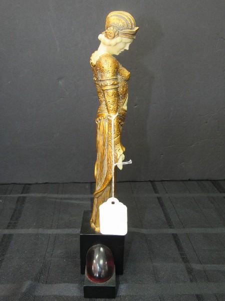 Tall Art Noveau 20's Era Woman Statuette on Stand w/ Gilted Motif