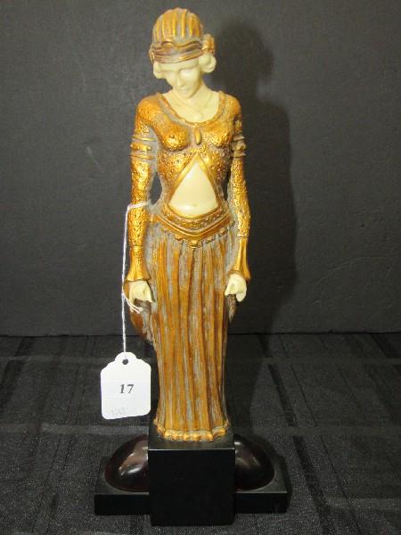 Tall Art Noveau 20's Era Woman Statuette on Stand w/ Gilted Motif