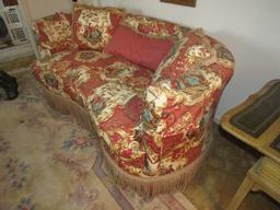 Sovereign Upholstery by Hickory Creek Curved Sofa w/ Ornate Asian Scene Upholstered Pattern
