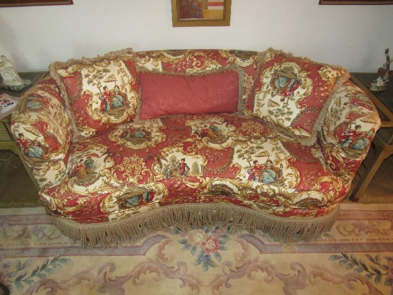 Sovereign Upholstery by Hickory Creek Curved Sofa w/ Ornate Asian Scene Upholstered Pattern