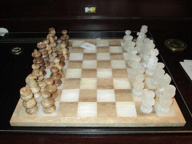 White/Tan Marble Chess Set w/ White/Tan Marble Carved Pieces