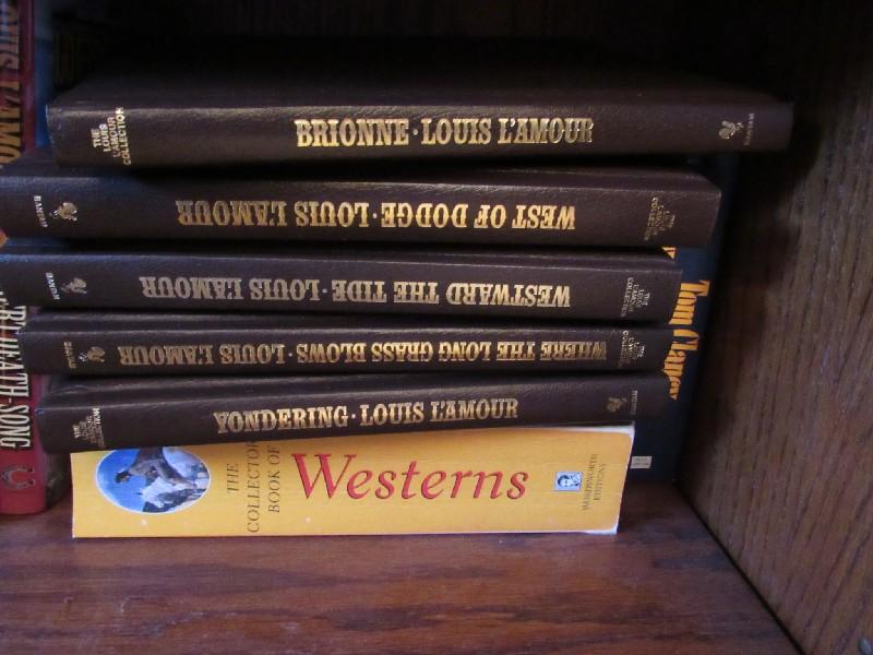2 Shelf Lot - Louis L'Amour Collection Bantem Books, Craig Johnson, Webster Dictionary, Etc.
