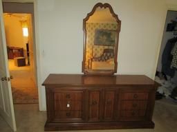 Mahogany Wooden Long Vanity Dresser w/ Mirror 9 Drawers, 2 Hutch Doors, Brass Pulls