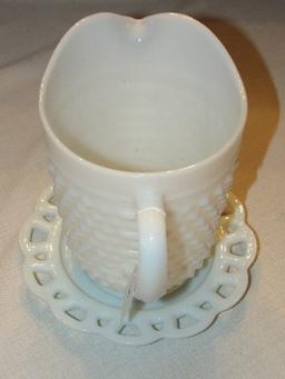 Tall Milk Glass Hobnail Pitcher 8" H, Milk Glass Plate Pierced Rim 8 1/4" D