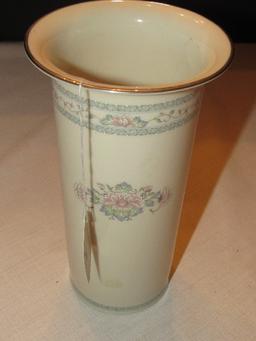 Tall Lenox Charleston Porcelain Vase Fluted Rim Pink Floral Center w/ Scroll Blue Band Rim