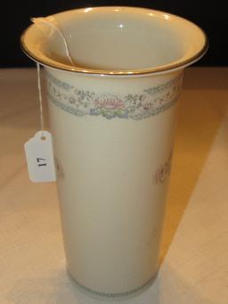 Tall Lenox Charleston Porcelain Vase Fluted Rim Pink Floral Center w/ Scroll Blue Band Rim