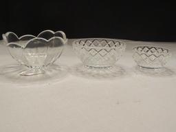 3 Crystal Glass Bowls, 2 Diamond Cut w/ Star Burst Center, 1 Scallop Rim/Floral Design