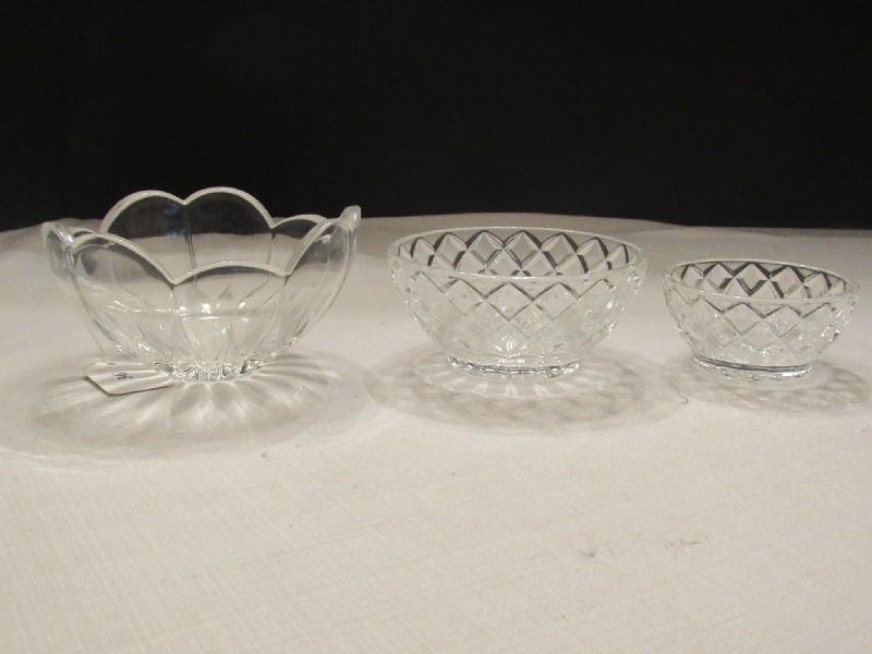 3 Crystal Glass Bowls, 2 Diamond Cut w/ Star Burst Center, 1 Scallop Rim/Floral Design