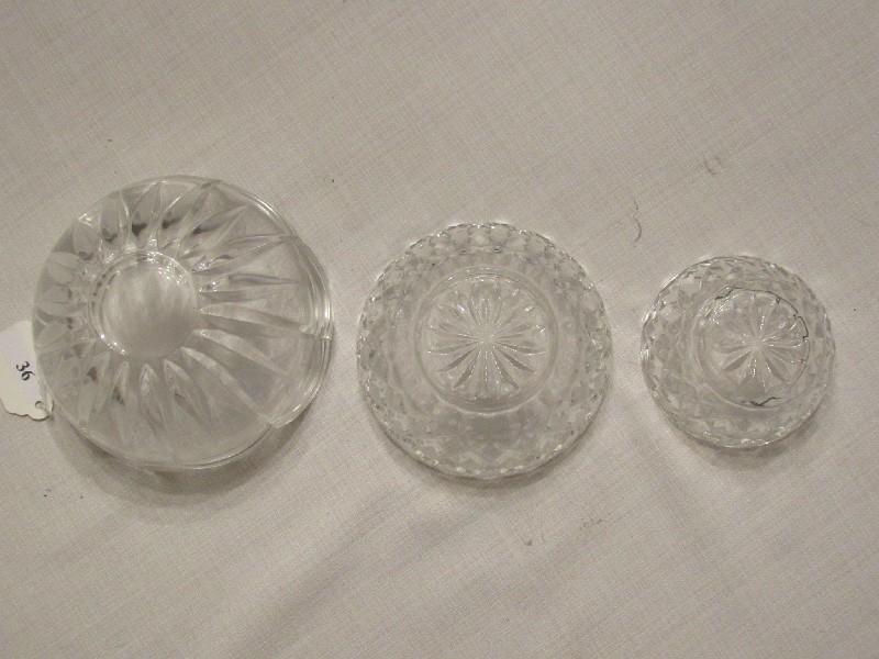 3 Crystal Glass Bowls, 2 Diamond Cut w/ Star Burst Center, 1 Scallop Rim/Floral Design