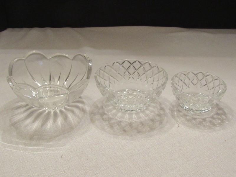 3 Crystal Glass Bowls, 2 Diamond Cut w/ Star Burst Center, 1 Scallop Rim/Floral Design