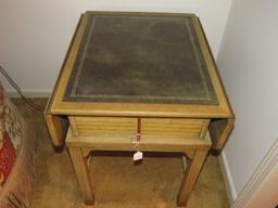 Pair - Drop Leaf Wooden Side Tables, 1 Drawer Black Legs w/ Brass Capped Feet, Slat Drawers