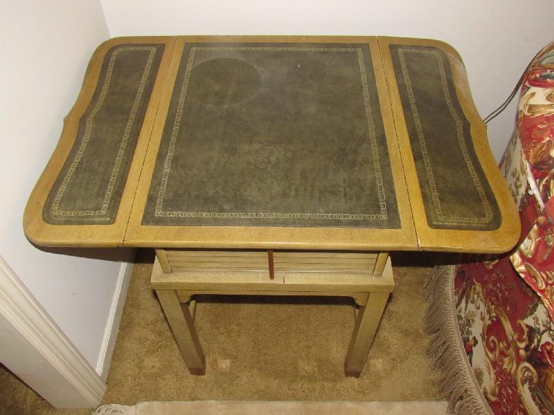 Pair - Drop Leaf Wooden Side Tables, 1 Drawer Black Legs w/ Brass Capped Feet, Slat Drawers