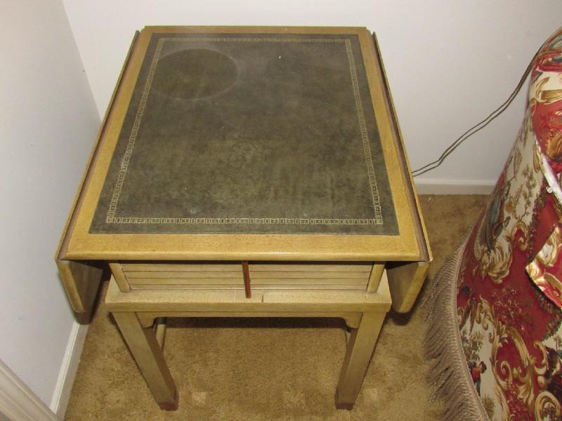 Pair - Drop Leaf Wooden Side Tables, 1 Drawer Black Legs w/ Brass Capped Feet, Slat Drawers