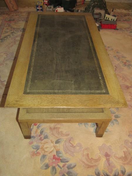 2-Tier Coffee Table Wooden, Black Legs w/ Brass Capped Feet w/ Black Leather Inlay Top