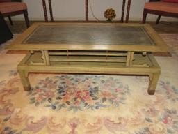 2-Tier Coffee Table Wooden, Black Legs w/ Brass Capped Feet w/ Black Leather Inlay Top