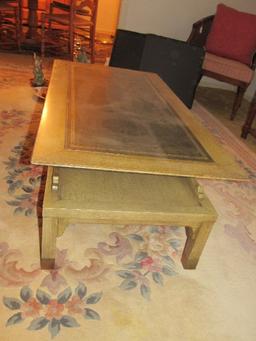 2-Tier Coffee Table Wooden, Black Legs w/ Brass Capped Feet w/ Black Leather Inlay Top