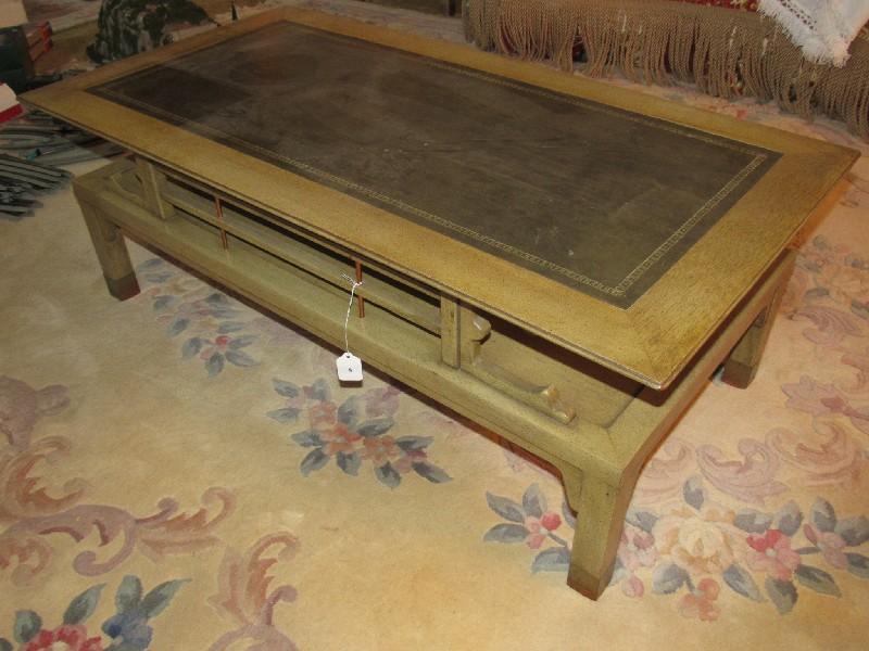 2-Tier Coffee Table Wooden, Black Legs w/ Brass Capped Feet w/ Black Leather Inlay Top
