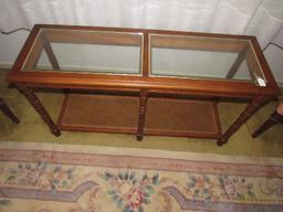 2-Tier Wooden Entry Table Glass Top, Wicker Lower, Spindle-Block Sides, Ball Feet
