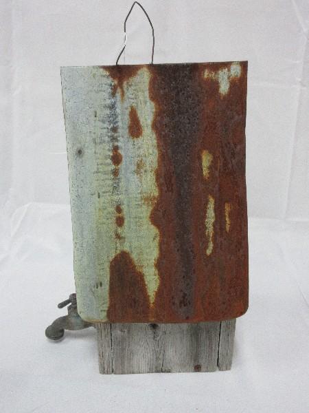 Primitive Folk Art Style Weathered A-Frame Bird House w/ Spigot Perch & Galvanized Roof