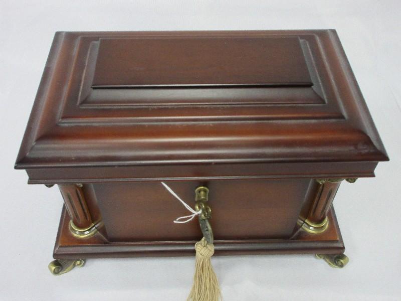 Bombay Co. Mahogany Finish Keepsake Chest Grecian Columns Accent, Scroll Feet w/ Lock