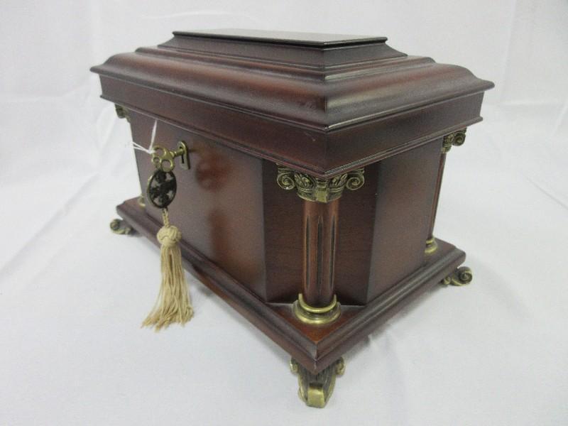 Bombay Co. Mahogany Finish Keepsake Chest Grecian Columns Accent, Scroll Feet w/ Lock