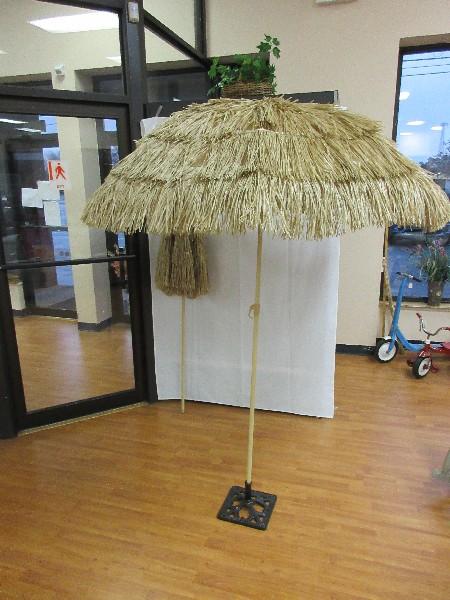 Pair - Hula Thatched Style Tiki Tropical Design Umbrellas on Metal Poles