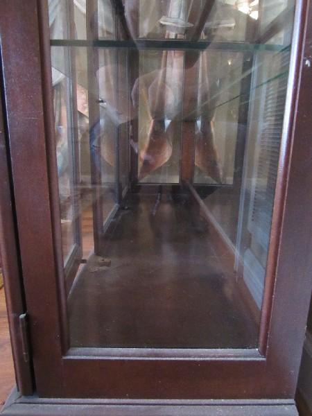 Tall Dark Wooden Display Cabinet 4 Glass Shelves, 2 Brass Pulls, 2 Doors, Curved Skirt