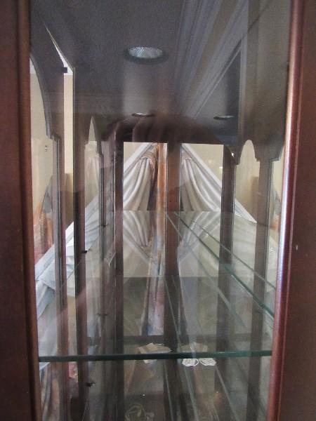 Tall Dark Wooden Display Cabinet 4 Glass Shelves, 2 Brass Pulls, 2 Doors, Curved Skirt