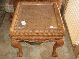 Pair - Wicker/Wood Side Tables w/ Glass Top Carved Scroll/Acanthus Corners to Claw/Ball Feet