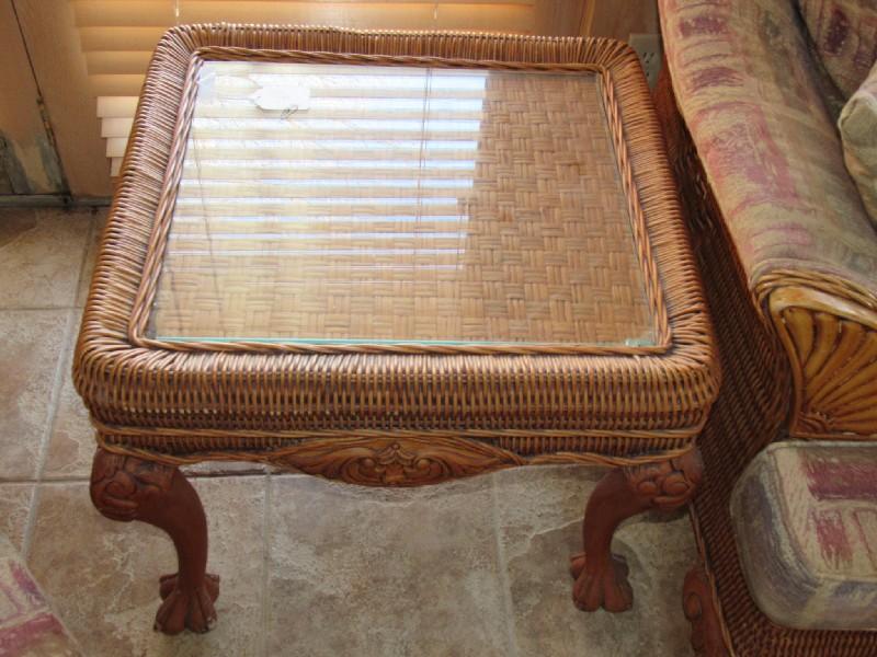 Pair - Wicker/Wood Side Tables w/ Glass Top Carved Scroll/Acanthus Corners to Claw/Ball Feet