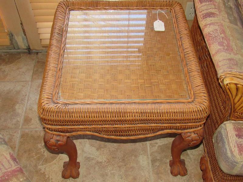 Pair - Wicker/Wood Side Tables w/ Glass Top Carved Scroll/Acanthus Corners to Claw/Ball Feet