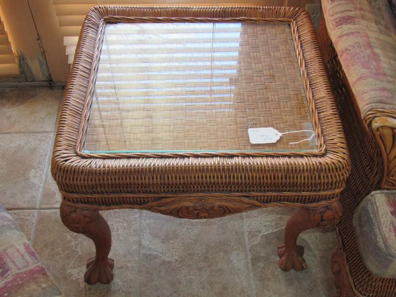 Pair - Wicker/Wood Side Tables w/ Glass Top Carved Scroll/Acanthus Corners to Claw/Ball Feet