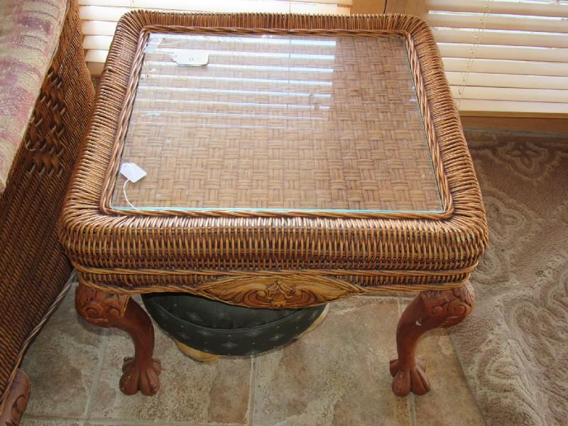 Pair - Wicker/Wood Side Tables w/ Glass Top Carved Scroll/Acanthus Corners to Claw/Ball Feet