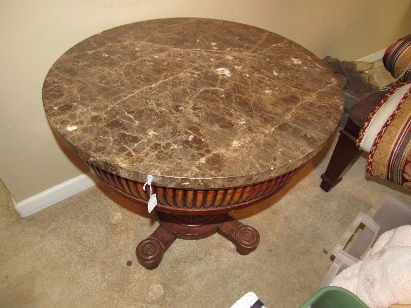 Round Grey Marble Top Side Table Scalloped Wood Sides