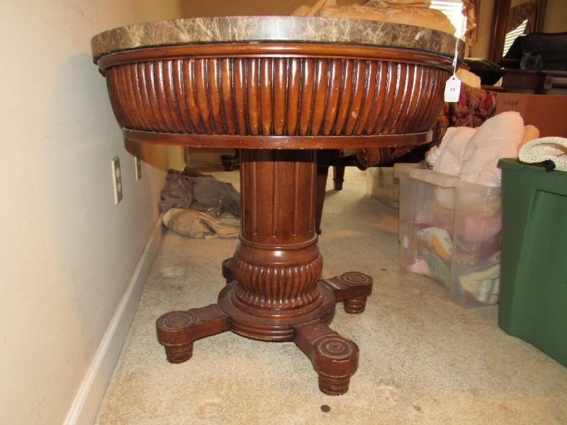 Round Grey Marble Top Side Table Scalloped Wood Sides