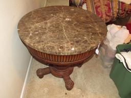 Round Grey Marble Top Side Table Scalloped Wood Sides