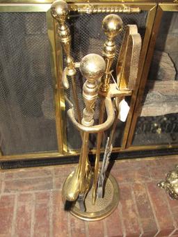 Tall Brass Fireplace Set - Poker, Tongs, Brush, Spade, Spindle w/ Ball Top