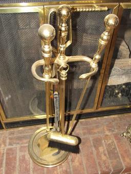 Tall Brass Fireplace Set - Poker, Tongs, Brush, Spade, Spindle w/ Ball Top