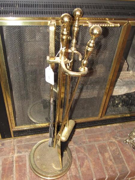 Tall Brass Fireplace Set - Poker, Tongs, Brush, Spade, Spindle w/ Ball Top