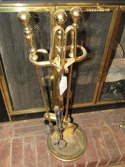 Tall Brass Fireplace Set - Poker, Tongs, Brush, Spade, Spindle w/ Ball Top