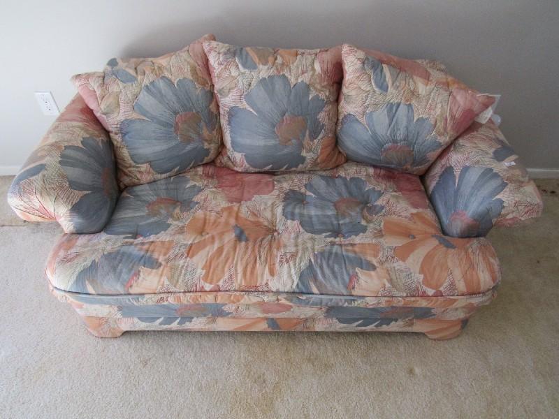 Alan White Company Blue/Orange Floral Pattern 2 Seat w/ Rolled Arms, Pillows