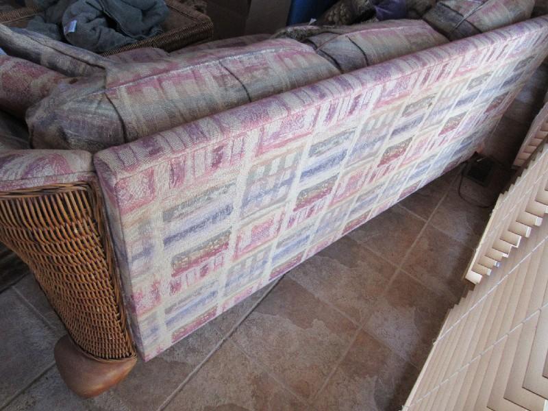 Fantastic Long 3 Seat Patio Sofa Wicker Skirting, Scalloped Wood Arms