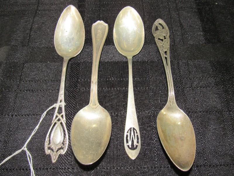 4 Sterling Teaspoons, 1 "M" Pierced Stamp, 1 R.W. & S Sterling 128 Pierced Floral Design