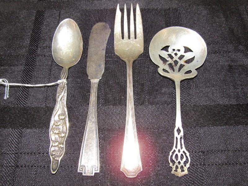 Lot - "MAE" Etched Dewdrop Design Teaspoon, RLB Sterling Pierced Sugar Spoon