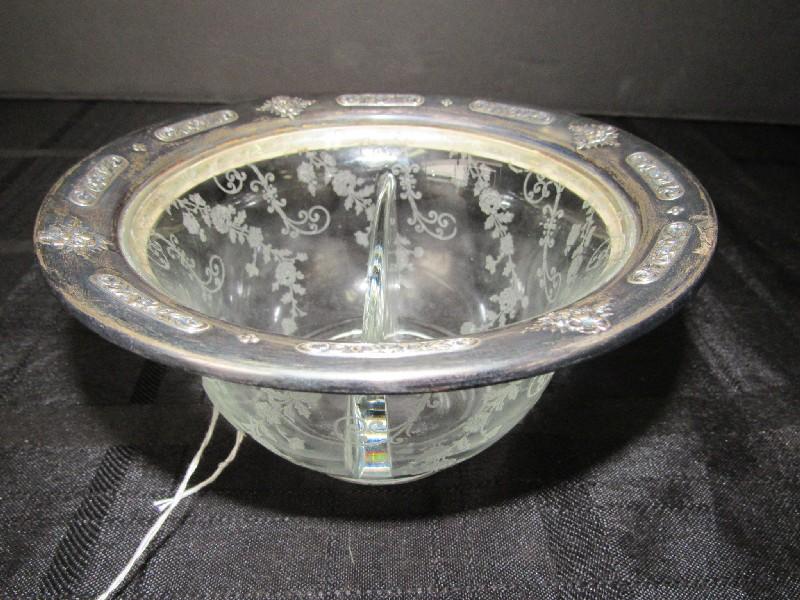 Weidlich Sterling 8324 Rim Floral Pattern Glass Divided Bowl, Floral Etched